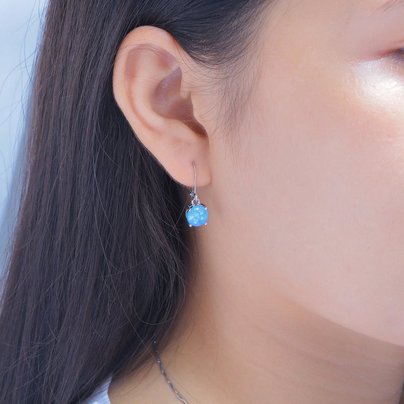 CiNily Round-Cut Opal Dangle Earrings, Blue Fire Opal Rhodium Plated Women Jewelry Leverback Gemstone Drop Earrings - Image 2